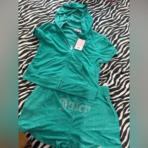 NWT! Juicy Couture Coastal Teal Terry Cloth Short Sleeve Jacket & Shorts Set